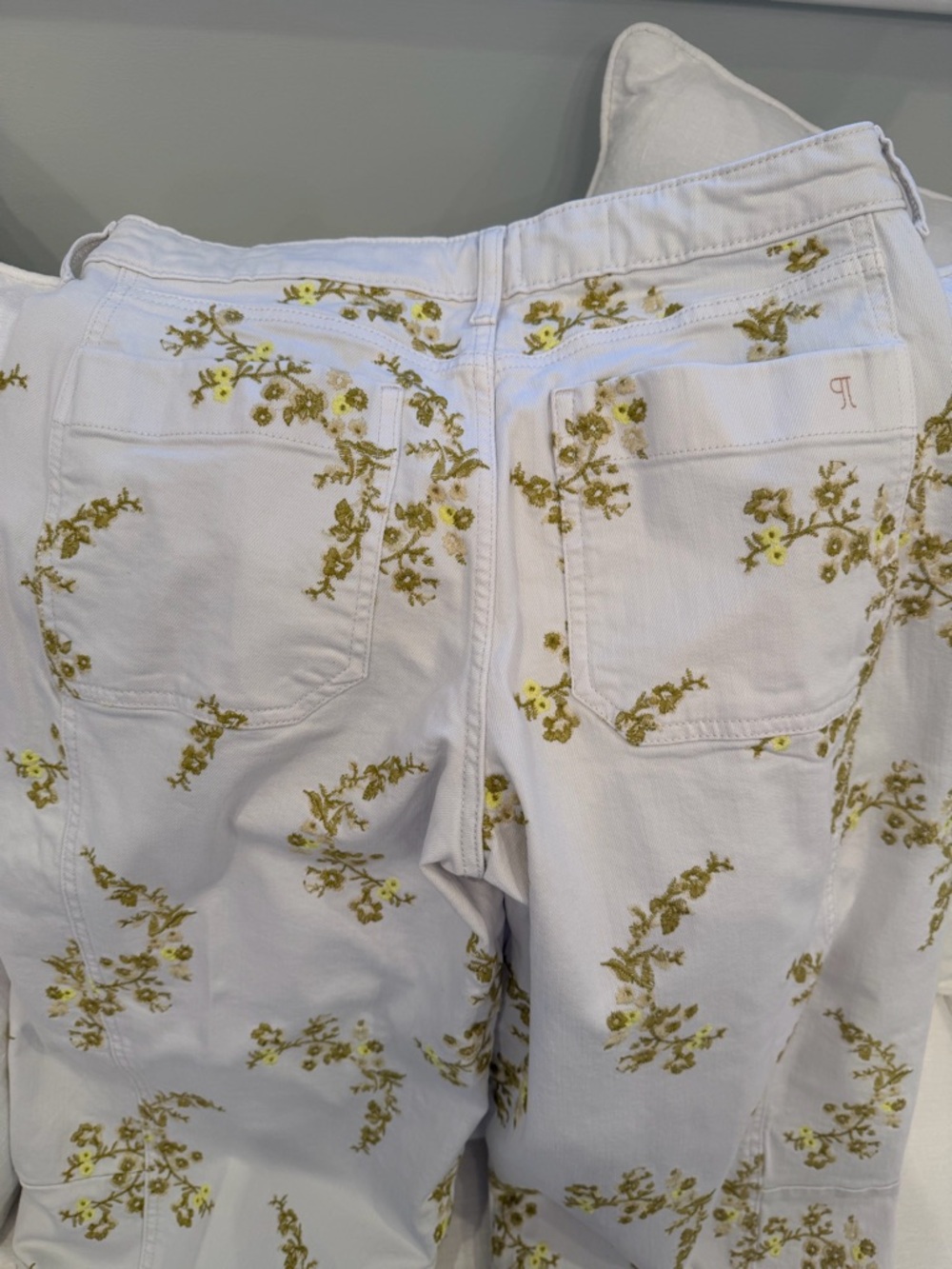 Anthropologie cream barrel Pants with Yellow/green Floral Embroidery - Picture 15 of 16